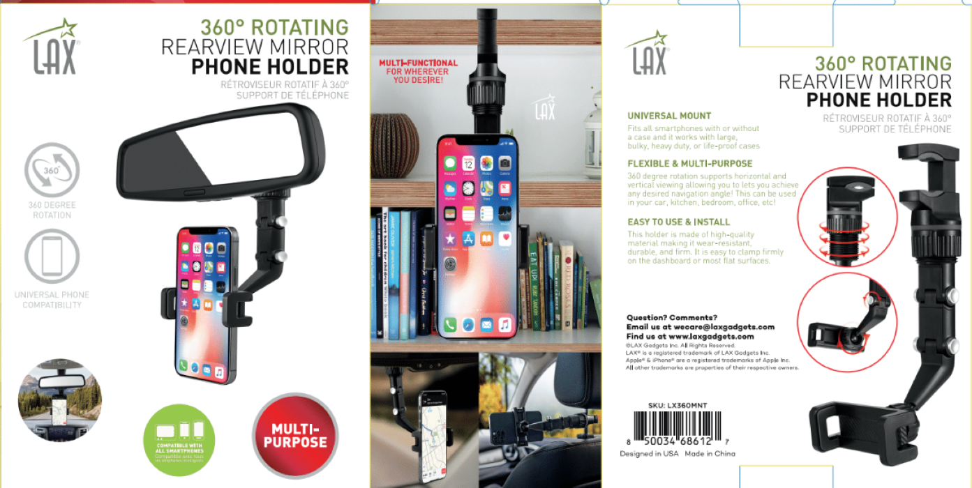 360 degree Car Mount for Smartphones-Black with Retail Pack